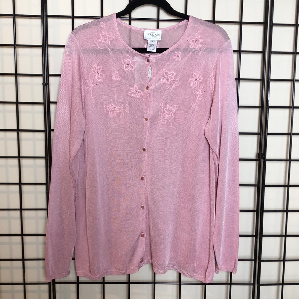Oscar - Oscar de Laurenta Pink Silk-look 100% Rayon Cardi Beaded Embroidered NWT